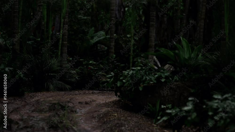 A winding path through a lush tropical forest showcases the beauty of nature under the cover of night. The greenery surrounds the trail, creating a serene atmosphere. A winding path through a lush tropical forest showcases the beauty of nature under the cover of night. The greenery surrounds the trail, creating a serene atmosphere.