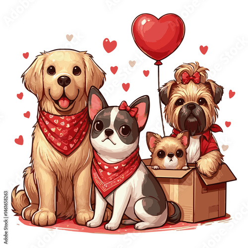 A greeting card featuring cute cartoon-style dogs on an isolated white background. Vector graphics. EPS.