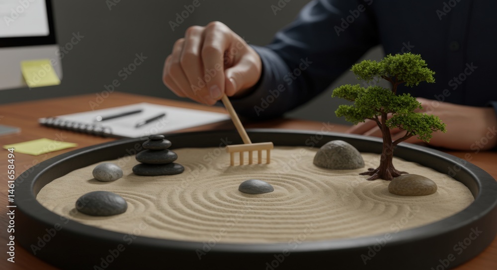 Obraz premium Employee Using Desktop Zen Garden with Rake for Mindfulness and Stress Relief at Office Desk