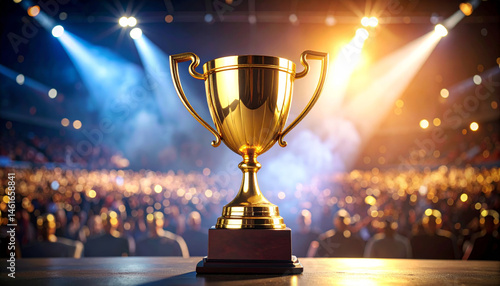 Golden trophy cup on stage with glowing lights and cheering crowd in stadium, symbolizing victory, achievement, and celebration in competitive sports event