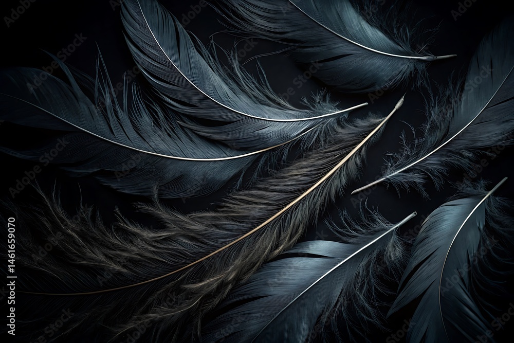 Fototapeta premium Ethereal Dance of Feathers: An artistic composition featuring delicate dark feathers elegantly arranged against a subtle dark backdrop, creating a sense of lightness, movement, and tranquility.