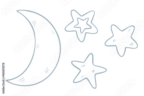 Vector illustration of a Crescent moon with Stars in simple outline style. Linear pastel blue drawing of sky objects for bedtime stories, lullaby designs and baby shower invitations. Dreamy sketch.