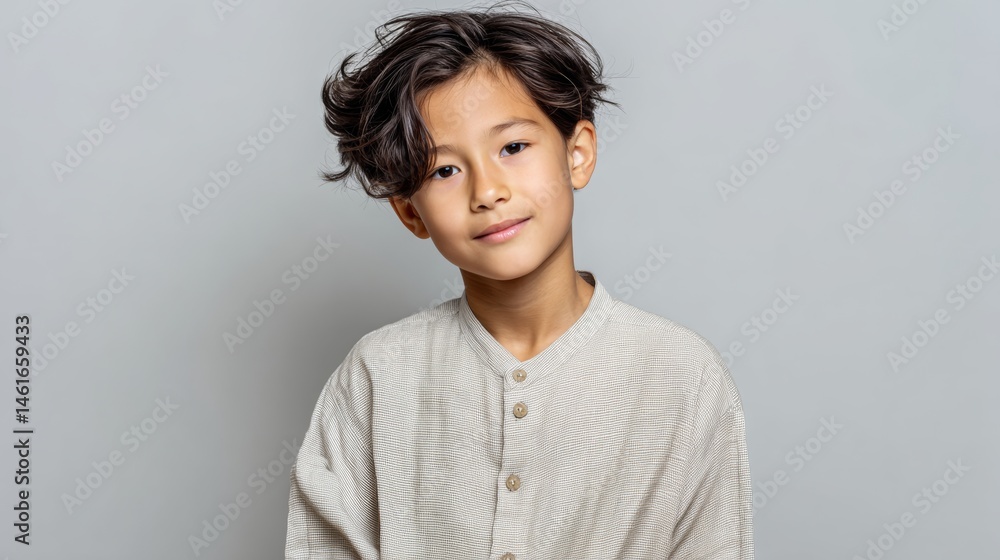Young boy with dark hair and a white shirt is smiling. The boy is wearing a white shirt with a button on the front Young boy with dark hair and a white shirt is smiling. The boy is wearing a white shirt with a button on the front