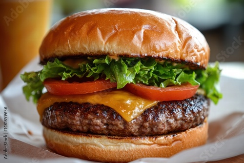 Beef burger with lettuce in brioche bun