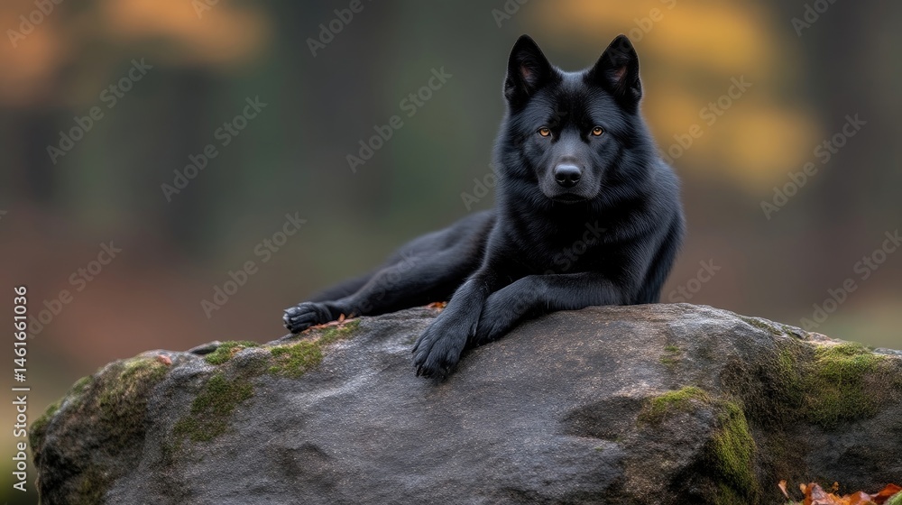 Naklejka premium Black dog resting on a rock outdoors. A sleek, black canine is positioned on a large, dark rock, gazing directly at the camera. The dog's coat is smooth and lustrous, its eyes are amber,