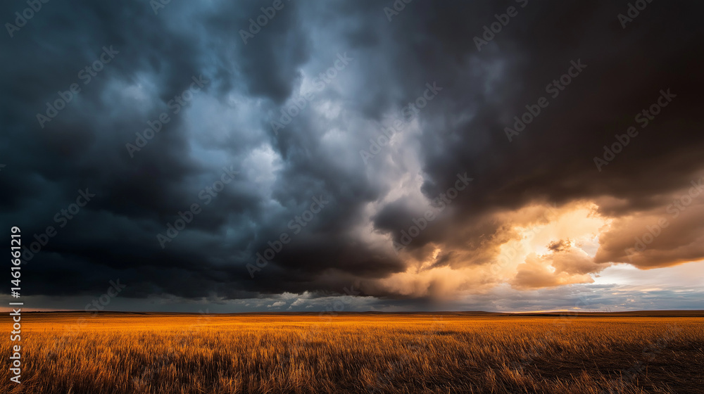 Obraz premium Storm clouds loom over prairie as golden light pierces through, nature's dramatic contrast unfolds