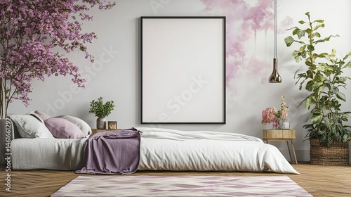 Empty square frame for print or poster mockup on white wall in modern neutral gray bedroom interior with wood floor, rug with geometric pattern, bedside tables, lamps, decor and plants. 