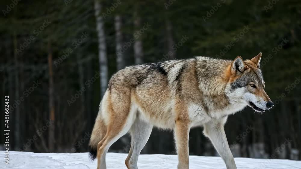 Wolf standing in snow against dark forest trees looking at camera with mouth open, possibly growling. Wild animal and wildlife concept for documetary or nature. Wolf standing in snow against dark forest trees looking at camera with mouth open, possibly growling. Wild animal and wildlife concept for documetary or nature.