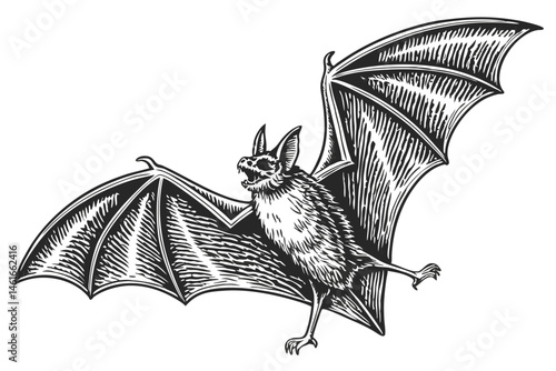 40 Detailed anatomical bat illustration, full wingspan, black and white drawing, scientific accuracy, fine line work, realistic texture, vintage zoological print style, symmetrical composition, high c
