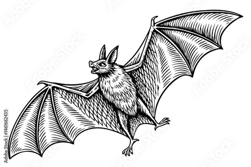 40 Detailed anatomical bat illustration, full wingspan, black and white drawing, scientific accuracy, fine line work, realistic texture, vintage zoological print style, symmetrical composition, high c
