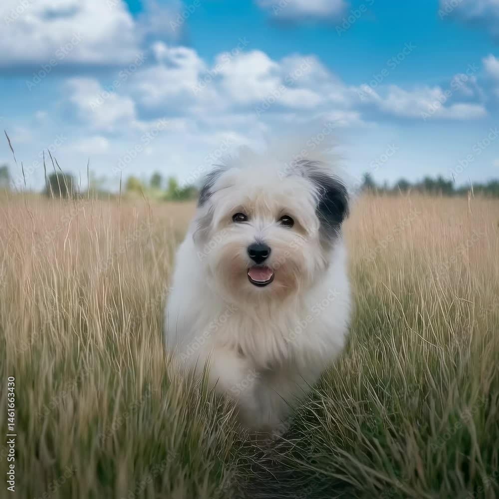 White fluffy dog portrait in field. Small cute puppy running outdoor in dry grass against idyllic summer cloudy sky background. Pet in nature concept. White fluffy dog portrait in field. Small cute puppy running outdoor in dry grass against idyllic summer cloudy sky background. Pet in nature concept.