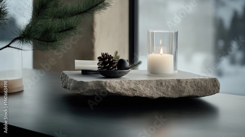 Natural stone tray with candle holder and pine cone accents