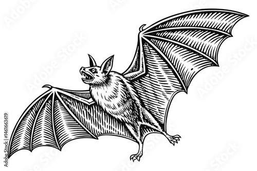 40 Detailed anatomical bat illustration, full wingspan, black and white drawing, scientific accuracy, fine line work, realistic texture, vintage zoological print style, symmetrical composition, high c