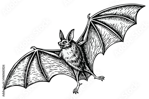 40 Detailed anatomical bat illustration, full wingspan, black and white drawing, scientific accuracy, fine line work, realistic texture, vintage zoological print style, symmetrical composition, high c