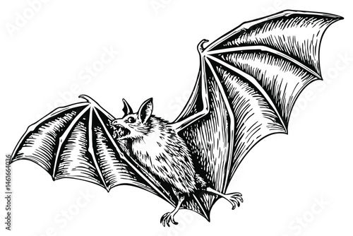 40 Detailed anatomical bat illustration, full wingspan, black and white drawing, scientific accuracy, fine line work, realistic texture, vintage zoological print style, symmetrical composition, high c