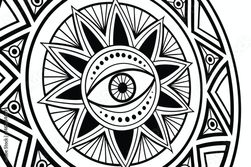 41 Intricate black and white pattern, all-seeing eyes, abstract geometric shapes, zentangle art style, complex line work, surreal doodles, hypnotic design, repeating motifs, optical illusion, psychede