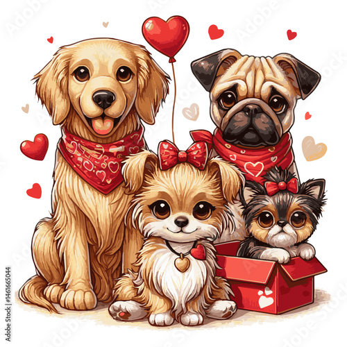 A greeting card featuring cute cartoon-style dogs on an isolated white background. Vector graphics. EPS.