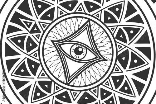 41 Intricate black and white pattern, all-seeing eyes, abstract geometric shapes, zentangle art style, complex line work, surreal doodles, hypnotic design, repeating motifs, optical illusion, psychede