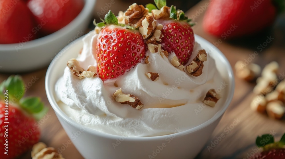 Fresh strawberries topped with whipped cream and pecans Fresh strawberries topped with whipped cream and pecans