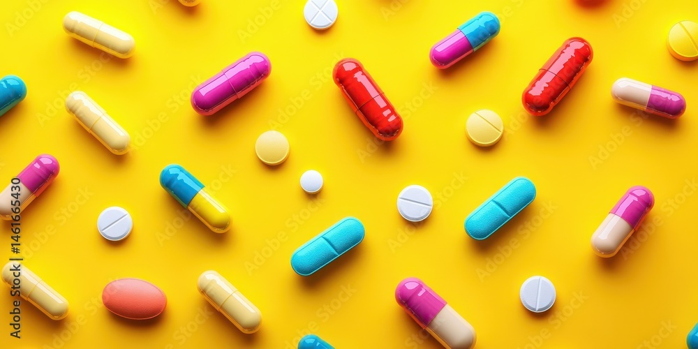Colorful array of pills and capsules scattered on a bright yellow surface during midday Colorful array of pills and capsules scattered on a bright yellow surface during midday