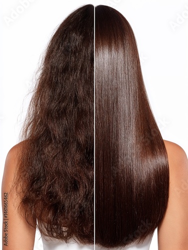 Woman's hair before and after smoothing treatment on white background