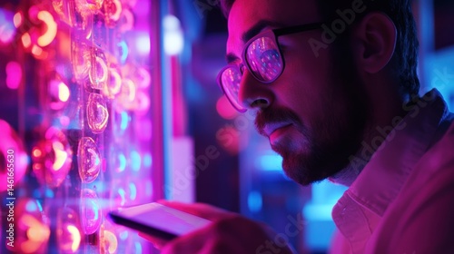Man Using Smartphone Under Neon Lights