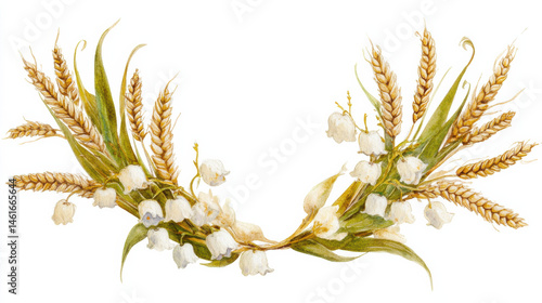 A delicate watercolor design featuring white lilies of the valley intertwined with golden wheat stalks, symbolizing nature's beauty.