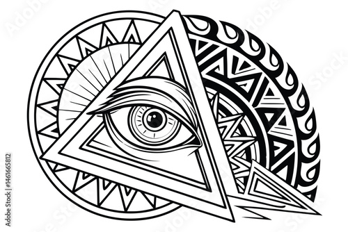 41 Intricate black and white pattern, all-seeing eyes, abstract geometric shapes, zentangle art style, complex line work, surreal doodles, hypnotic design, repeating motifs, optical illusion, psychede