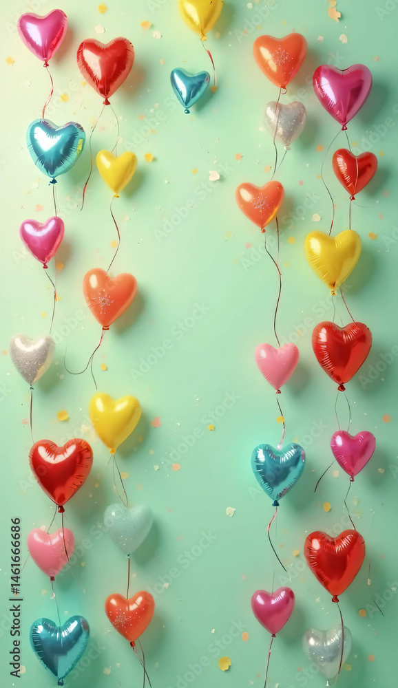 Heart shaped balloons. event or campaign image light green background. birthday party. gift. love. Heart shaped balloons. event or campaign image light green background. birthday party. gift. love.