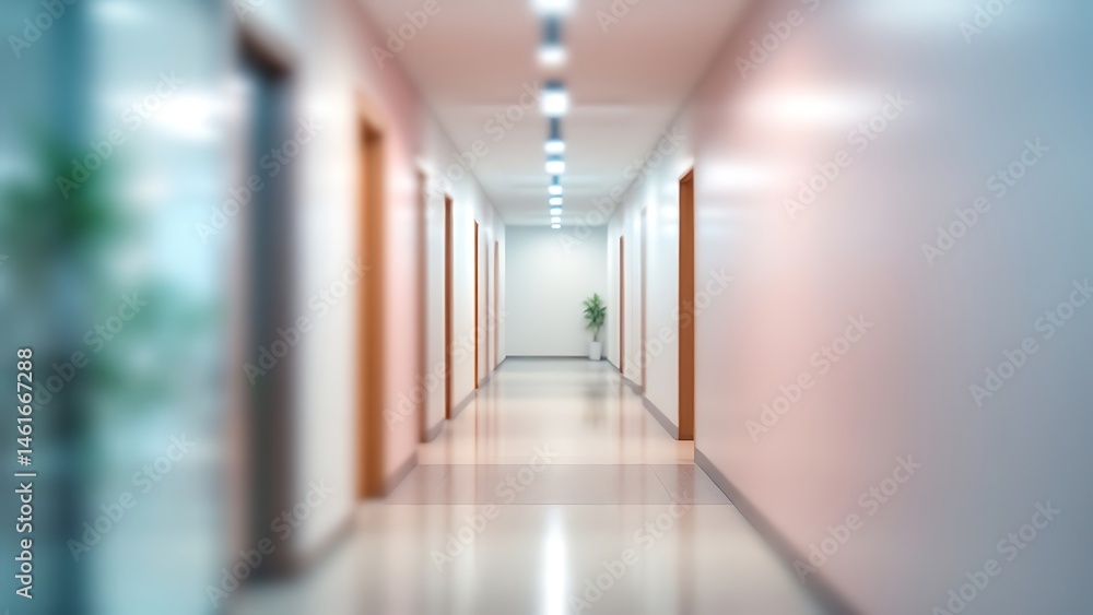 Fototapeta premium Empty office hallway with pastel walls and doors.