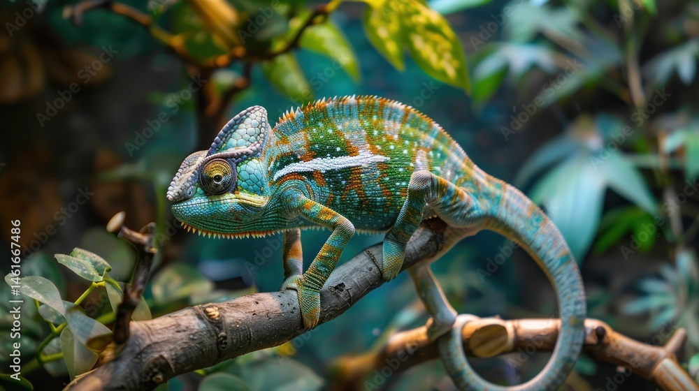 Naklejka premium A chameleon climbing a branch.