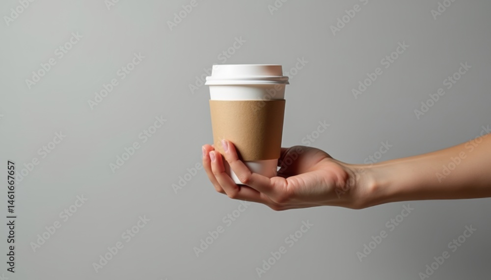 Fototapeta premium Hand Holding Paper Coffee Cup in Minimalist Setting