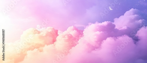 Ethereal Clouds at Dusk Pastel Sky with Crescent Moon Dreamy Atmosphere Soft Lighting Serene Scene