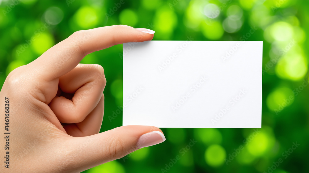 Blank canvas in nature: hand holding empty white card against vibrant green bokeh background Blank canvas in nature: hand holding empty white card against vibrant green bokeh background