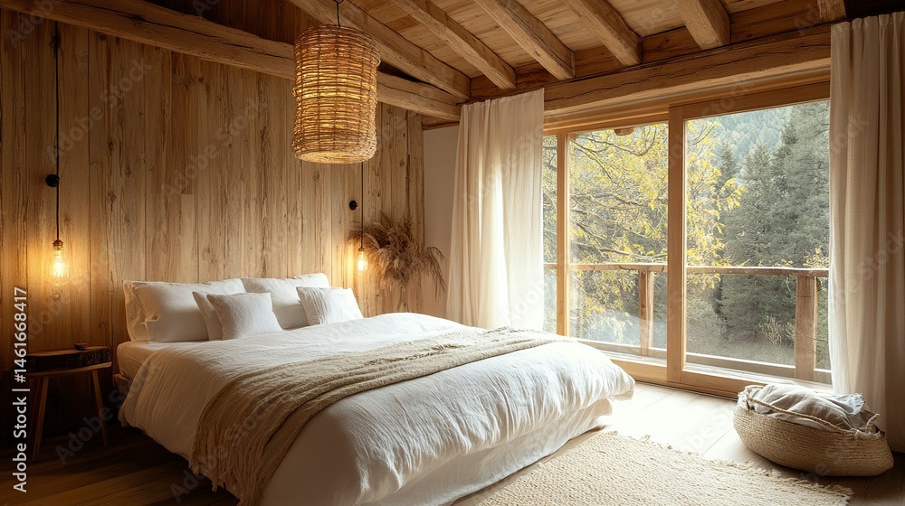 Master bedroom in rustic style with minimalist white double bed and hanging lamp. Master bedroom in rustic style with minimalist white double bed and hanging lamp.