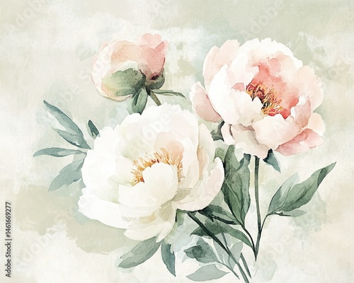 A delicate bouquet of watercolor peonies is elegantly arranged on textured paper in soft blush pink and sage green tones, showcasing a minimalist aesthetic with loose brushstrokes and white space.