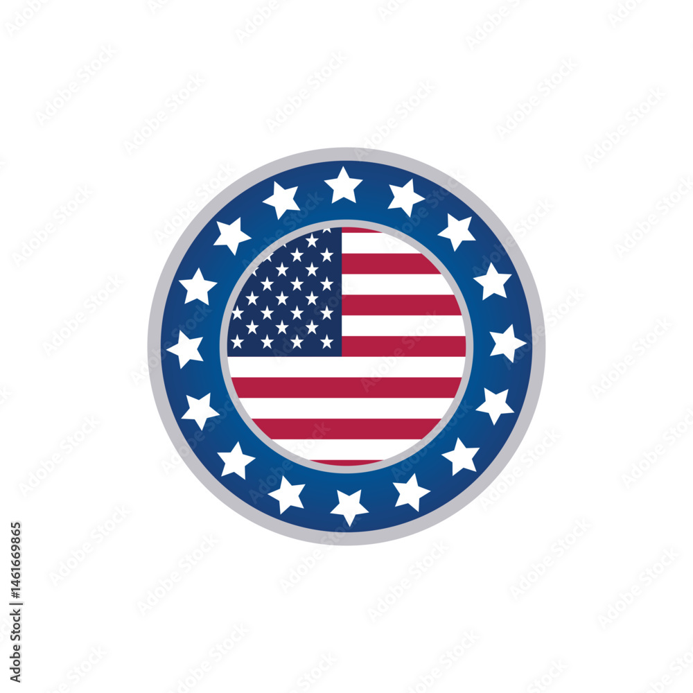Circular American patriotic badge featuring the US flag in the center and a blue border with white stars, ideal for patriotic themes, elections, or national celebrations. Circular American patriotic badge featuring the US flag in the center and a blue border with white stars, ideal for patriotic themes, elections, or national celebrations.