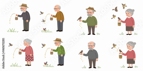 Series of illustrations featuring elderly men and women patiently standing outdoors feeding small, colorful birds.
