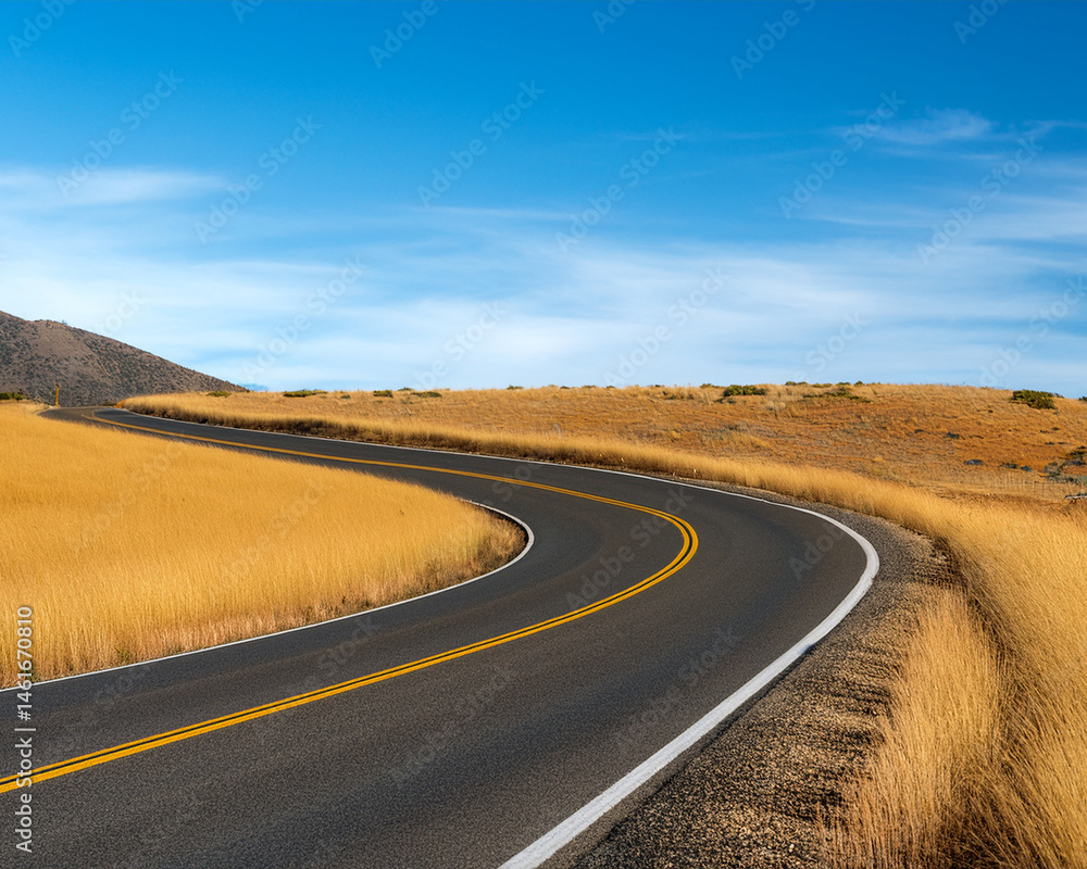 Naklejka premium a winding asphalt road with a bright yellow dividing line is surrounded by golden dry grass under clear skies.