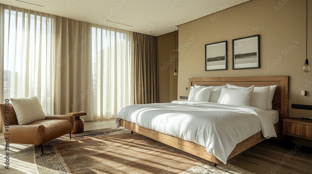 Modern beige bedroom with empty whate wall for mockups. Wooden double bed with pillows, cozy furniture. Room interior with copyspace. Modern beige bedroom with empty whate wall for mockups. Wooden double bed with pillows, cozy furniture. Room interior with copyspace.