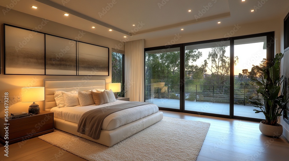 Fototapeta premium modern cream and white master bedroom with large sliding glass doors. 