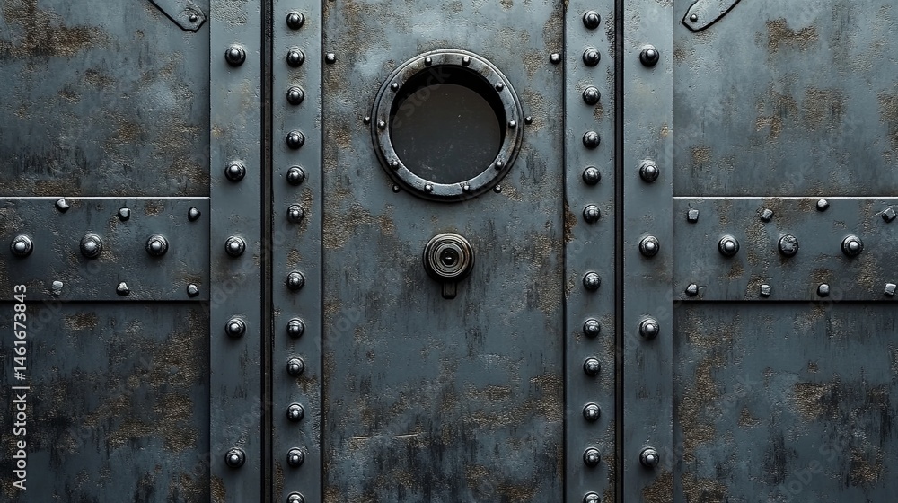Fototapeta premium a steel door with portholes and rivets, resembling a submarine or bunker entrance, featuring a rotary valve lock and bulletproof design