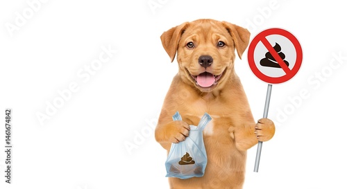 hyper realistic digital art, puppy holding plastic bag and no dog poop sign on the right side of the image, isolated on white background, copy space on the left