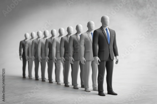 A line of faceless figures in suits, one stands out in blue.