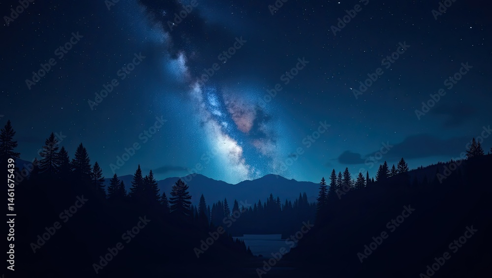 Naklejka premium Mystical Starry Night Landscape with Milky Way Above Mountains