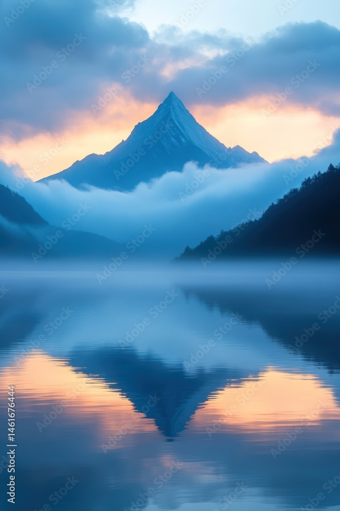 Naklejka premium Misty mountain reflected in a tranquil lake at sunrise