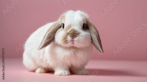 Front view of white cute baby holland lop rabbit standing on pink background. Lovely action of young rabbit.