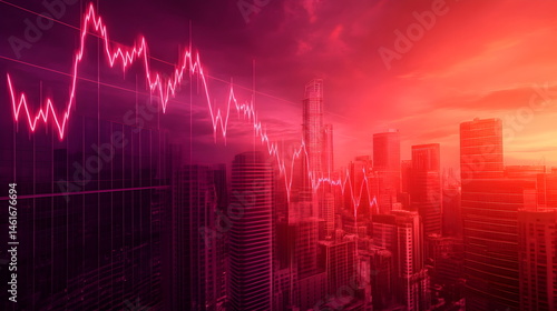 Financial Crisis Modern Concept. Falling Stock Market Graph Over Cityscape with Red Tones, Symbolizing Economic Collapse, Recession, Panic, and Global Market Downturn.