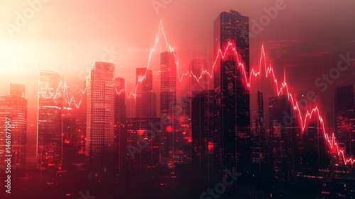 Financial Crisis Modern Concept. Falling Stock Market Graph Over Cityscape with Red Tones, Symbolizing Economic Collapse, Recession, Panic, and Global Market Downturn.