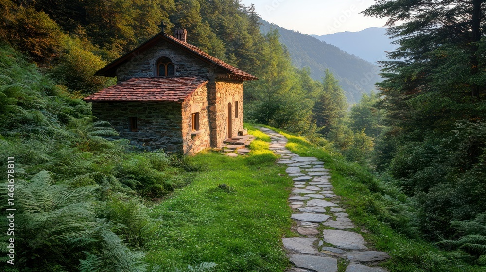 Obraz premium Mountain Chapel nestled in lush greenery. A rustic stone chapel sits on a hillside path, surrounded by dense forest. Sunlight streams through the trees, illuminating the ancient structure